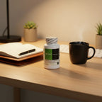 DaVinci Laboratories NAC 500mg bottle on home office desk with open leather planner and black ceramic mug