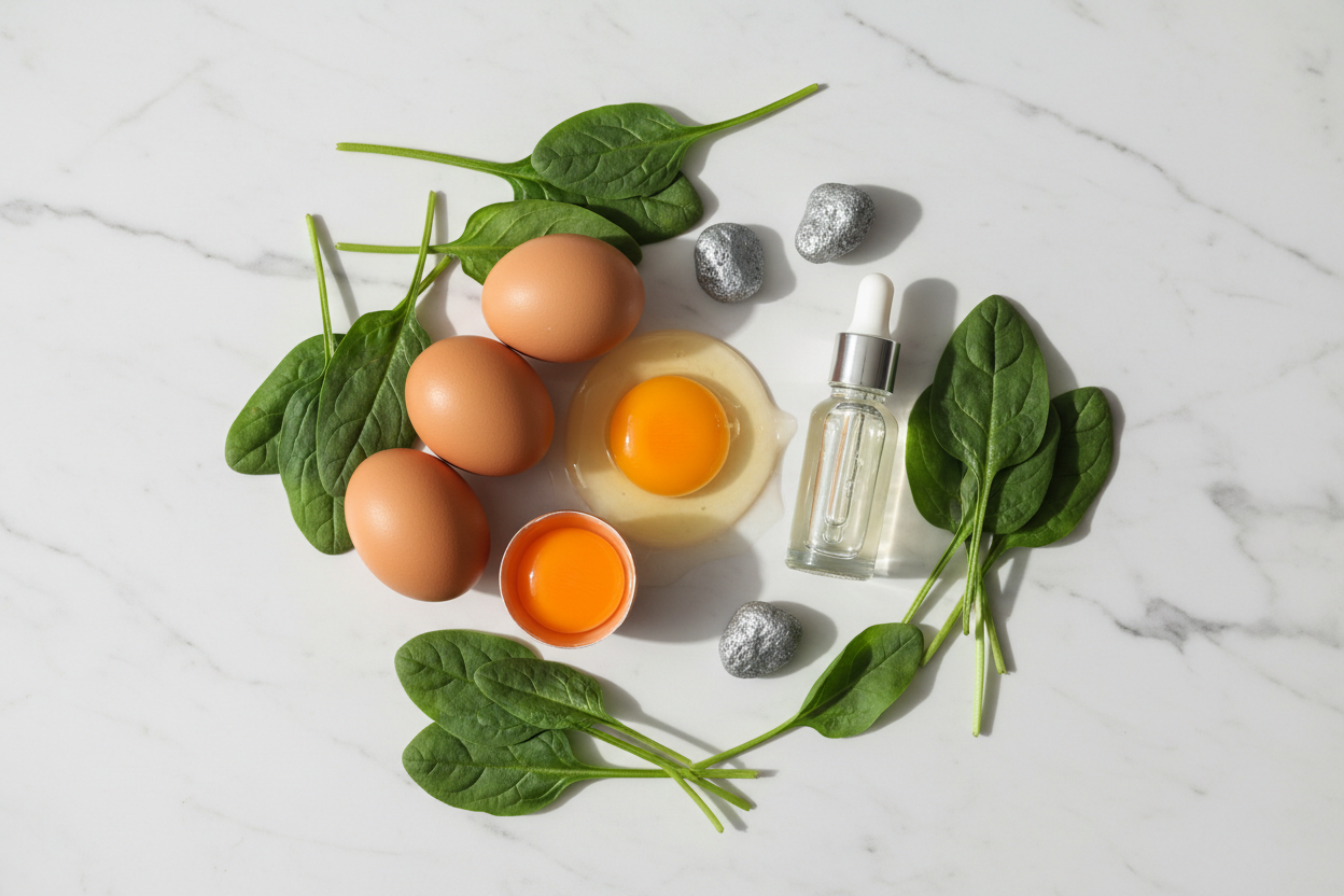 Biotin eggs zinc stones spinach and clear serum dropper flat lay hair health ingredients lifestyle photo