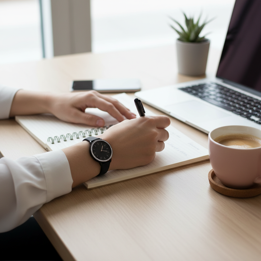 Woman's hands wearing black rhinestone watch writing in notebook at office desk