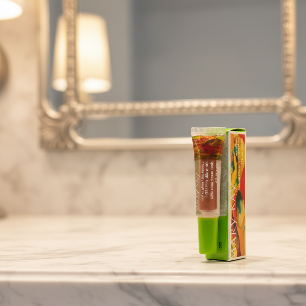 Mary Kay Dual Lip Glaze in Warm Coral — clear dual-chamber squeeze tube with green cap and coral shimmer interior resting on its vibrant green, orange, and blue Art of Nature retail carton on a white marble vanity with soft warm lighting