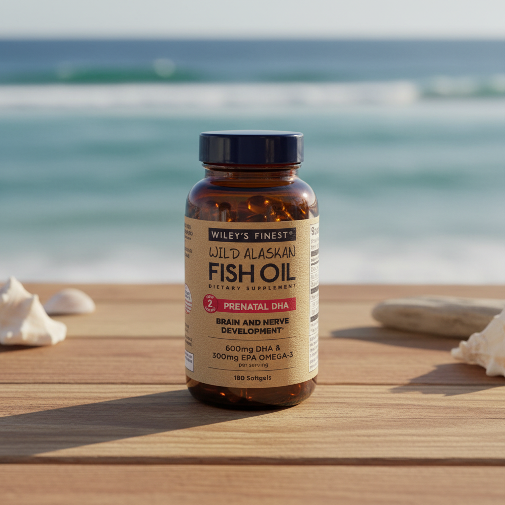 Lifestyle context image of Wiley's Finest Prenatal DHA Fish Oil 180 softgels (AI-generated for visual illustration only) – wooden surface ocean wellness setting – More4less Outlet