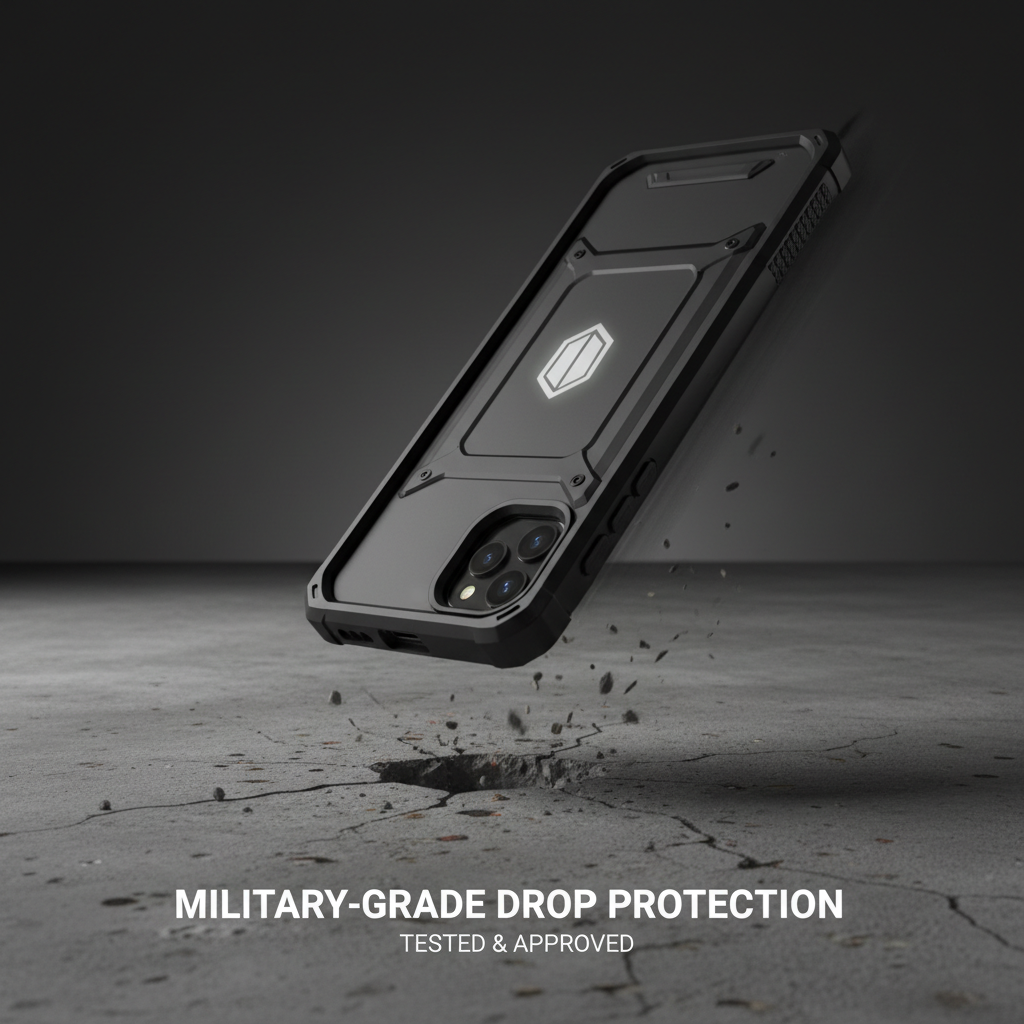 Black phone case drop-test action shot illustrating military-grade DROP+ protection