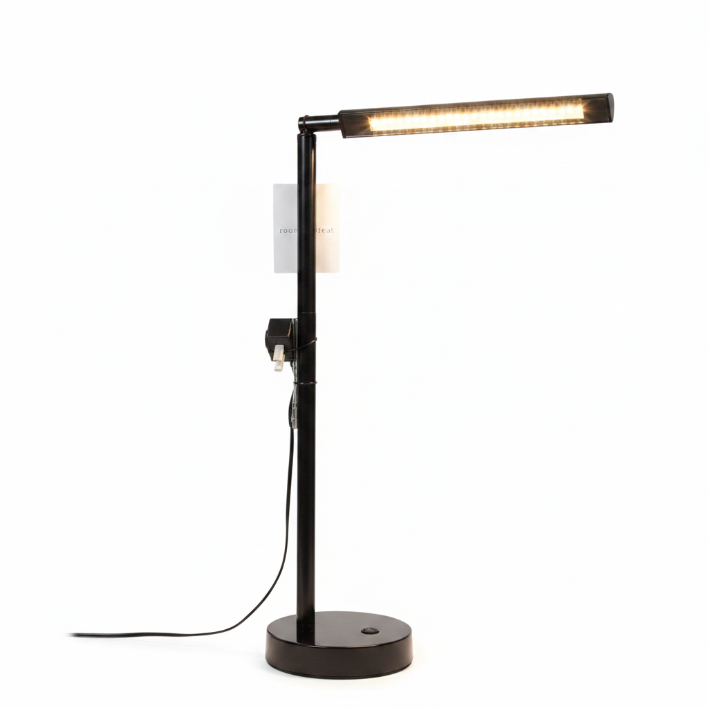 Room and Retreat 16-inch black LED desk lamp full profile on white studio background showing round base jointed arm and LED bar head