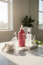 Lifestyle aesthetic morning skincare routine with a large pink glass firming serum bottle and hydration staples on white marble in soft warm morning light