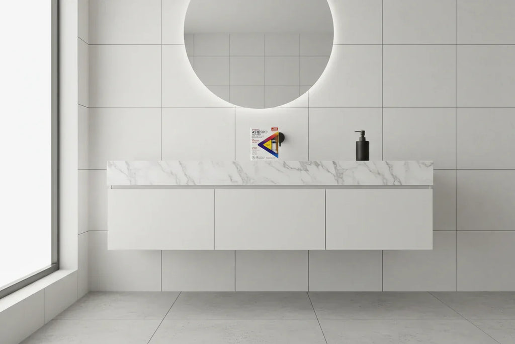 Minimalist marble bathroom vanity with Children's ASTEPRO Allergy nasal spray and carton