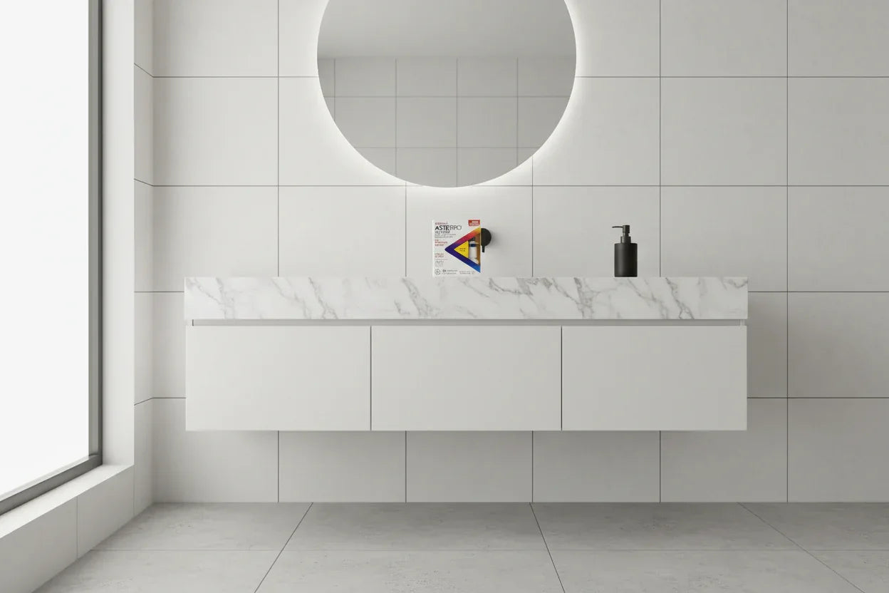Minimalist marble bathroom vanity with Children's ASTEPRO Allergy nasal spray and carton