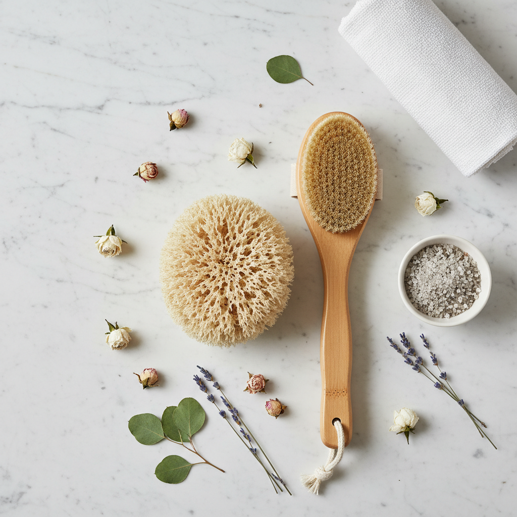 Flat-lay of natural spa accessories with sea sponge, bamboo brush, and floral accents on marble