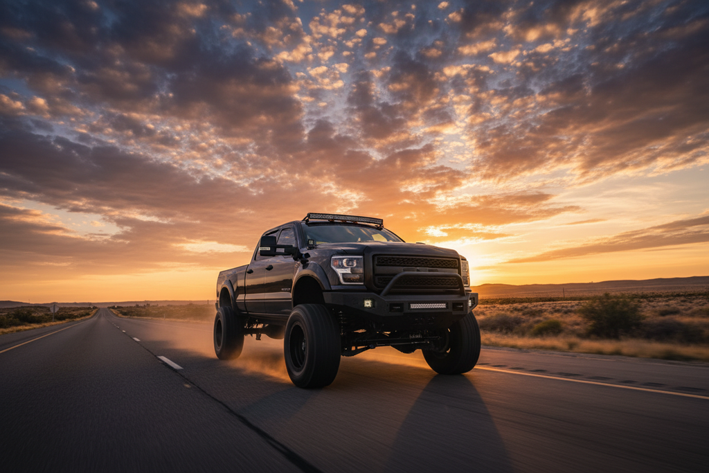 Lifestyle — lifted diesel pickup truck on open highway at golden hour with dramatic sky — powerful automotive lifestyle editorial for visual context only