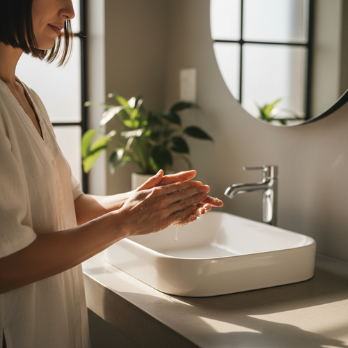 Woman massaging exfoliating scrub into wet hands at modern bathroom sink in warm natural light