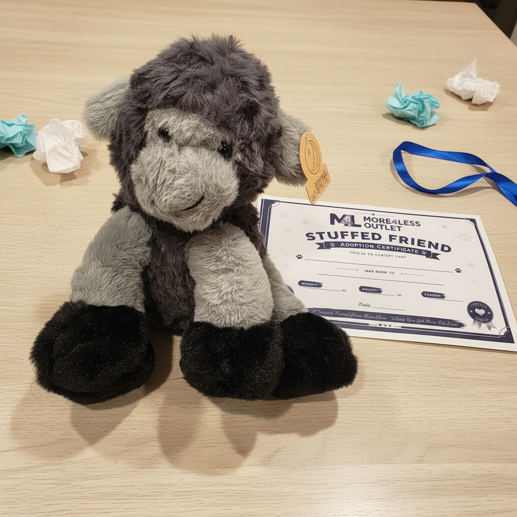 Animal Adventure Gray Gorilla Plush next to More4less Outlet Stuffed Friend Adoption Certificate gift flat lay - More4less Outlet