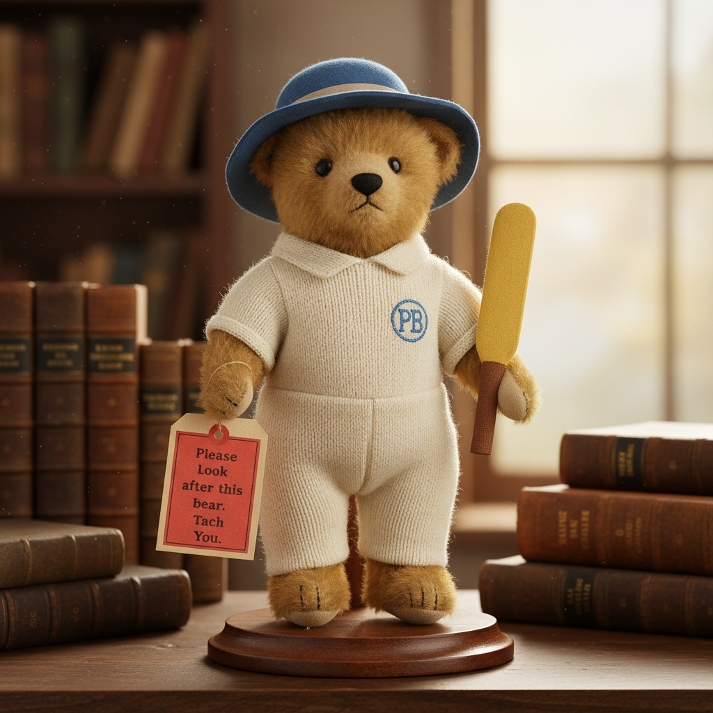 Augusta du Bay Paddington Bear plush 8 inch cream cricket jumpsuit PB emblem blue felt hat stuffed cricket bat red hangtag wooden shelf vintage collector display - More4less Outlet
