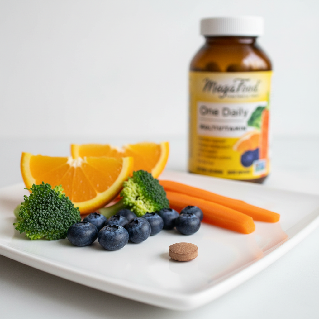 Single multivitamin tablet next to fresh organic fruits and vegetables on clean white surface – More4less Outlet