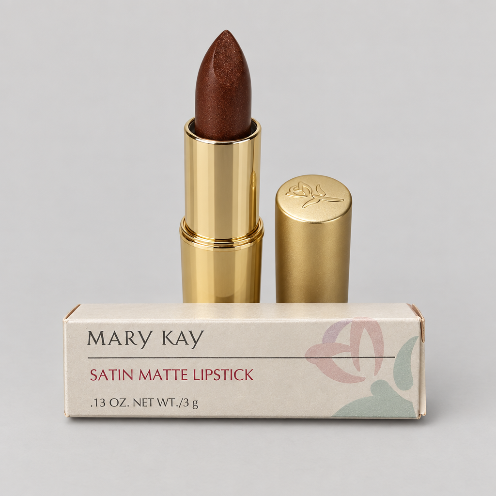 Mary Kay Bistro Bronze 4199 lipstick with gold cap and original box on gray background