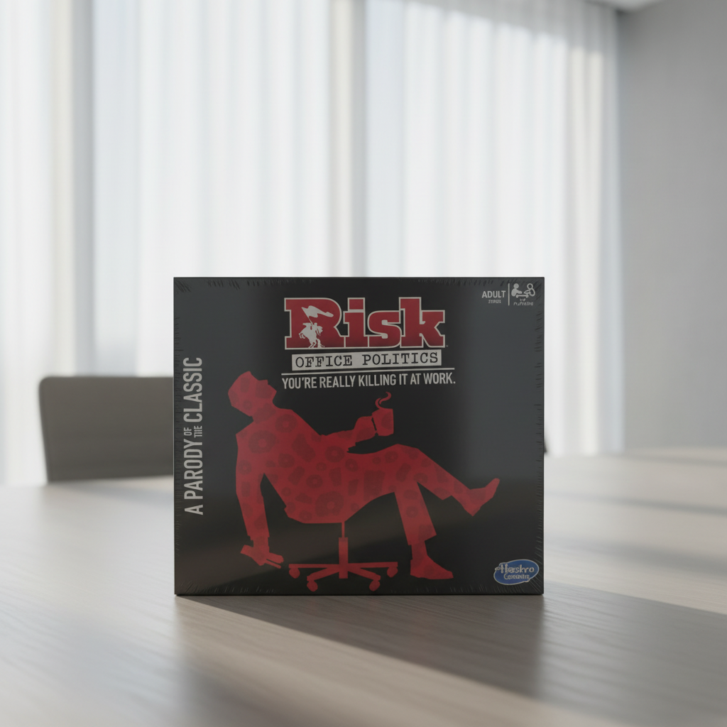 Risk Office Politics adult board game box on a neutral office conference table