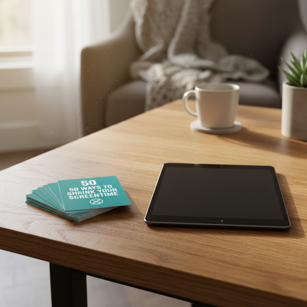 Lifestyle photo of 50 Ways to Shrink Your Screentime card set next to a turned-off tablet