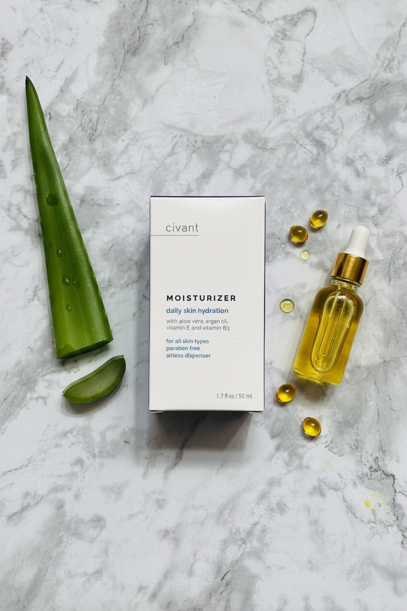 Civant Moisturizer flat lay with aloe vera argan oil and vitamin ingredients