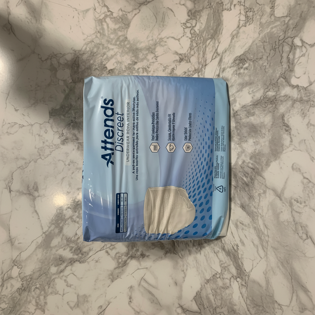 Lifestyle flat lay of sealed light blue Attends Discreet Men's Underwear L/XL package on white marble surface