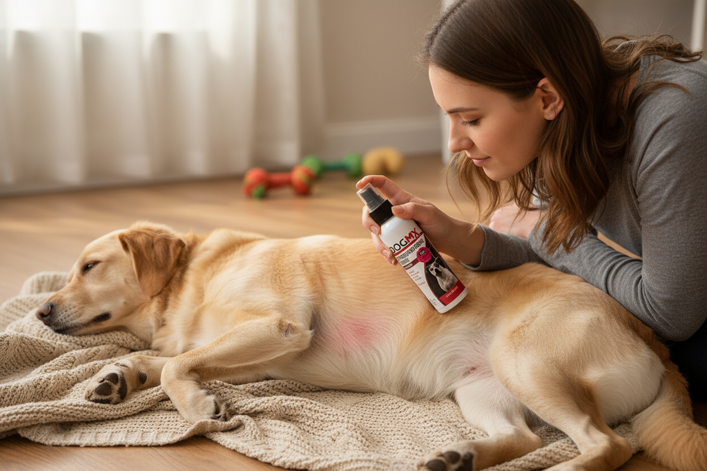Owner applying DogMX Hydrocortisone Spray to irritated skin on dog belly — targeted spray for eczema hot spots and minor skin irritations