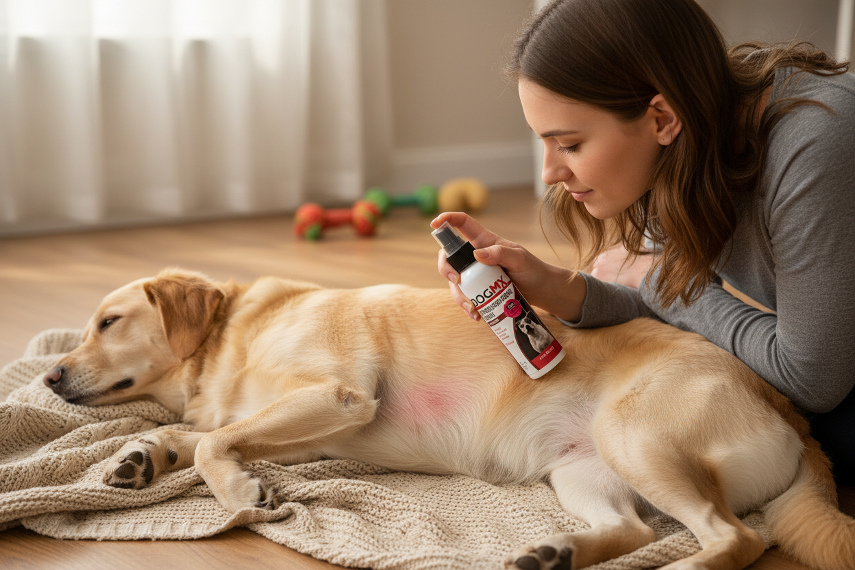 Owner applying DogMX Hydrocortisone Spray to irritated skin on dog belly — targeted spray for eczema hot spots and minor skin irritations