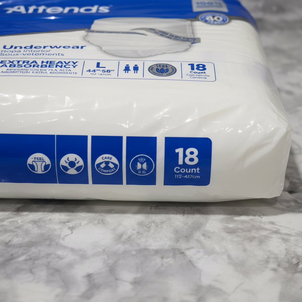 Detailed shot of side panel of Attends Care Underwear packaging showing Large size 44-58 inch sizing chart