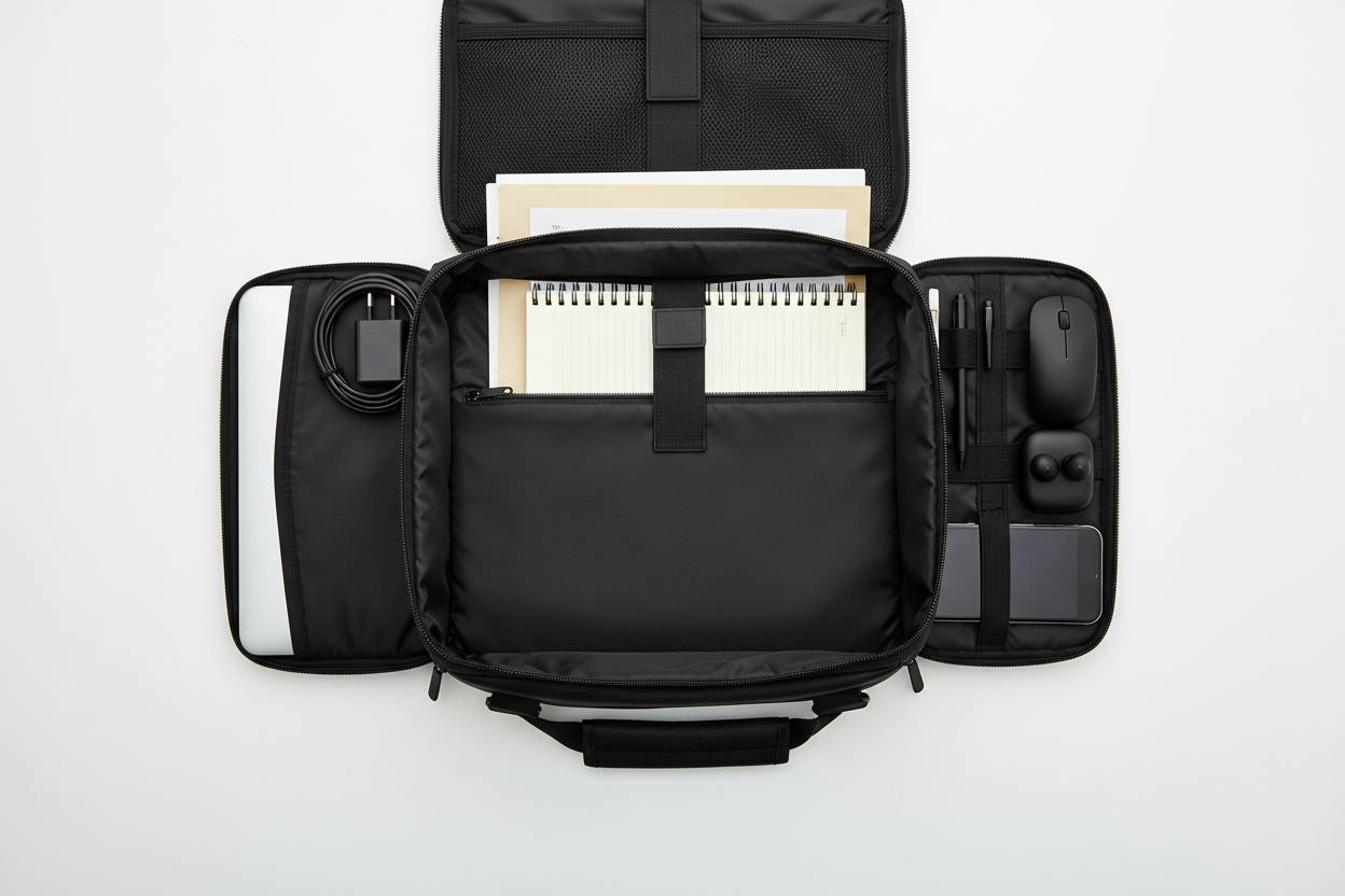 Interior of black laptop bag showing padded compartment and organized pockets with laptop, documents, and accessories