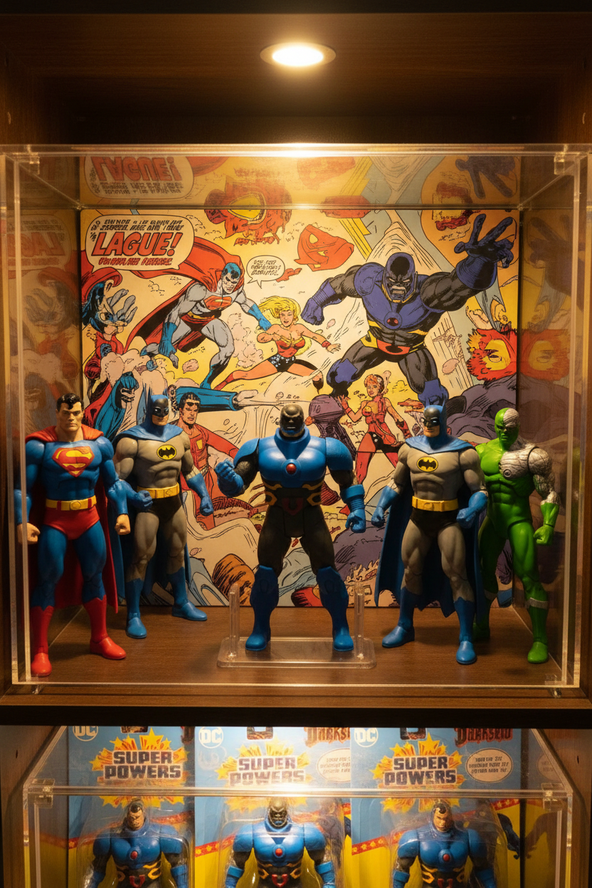 DC Super Powers Darkseid McFarlane figure displayed alongside DC action figures on collector shelf with comic book art backdrop — More4less Outlet