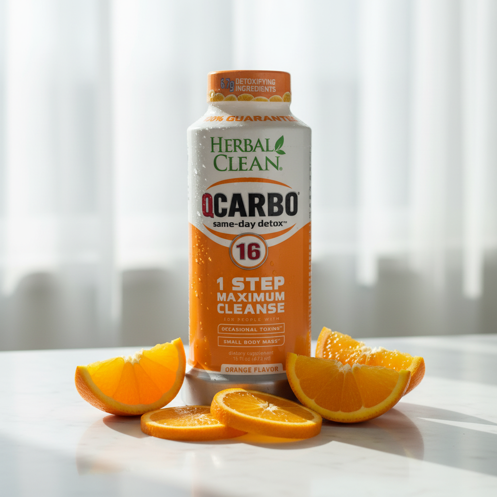 Herbal Clean QCarbo 16 orange bottle on white marble with soft morning light and fresh orange citrus slices – More4less Outlet