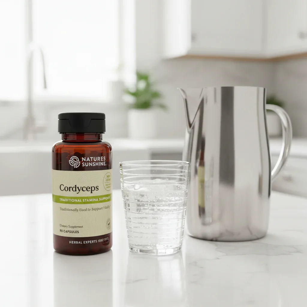 Nature's Sunshine Cordyceps bottle on white quartz kitchen island with fresh glass of sparkling water and stainless steel water pitcher