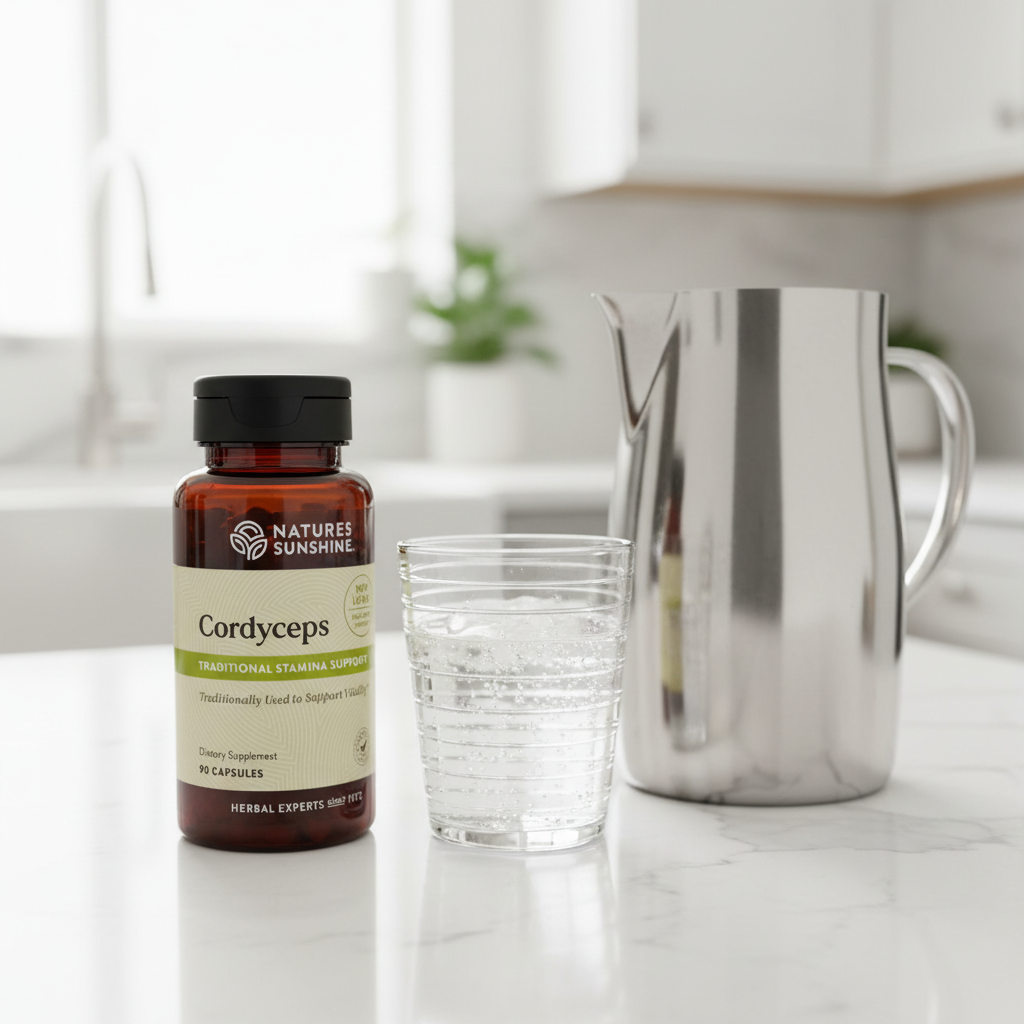Nature's Sunshine Cordyceps bottle on white quartz kitchen island with fresh glass of sparkling water and stainless steel water pitcher
