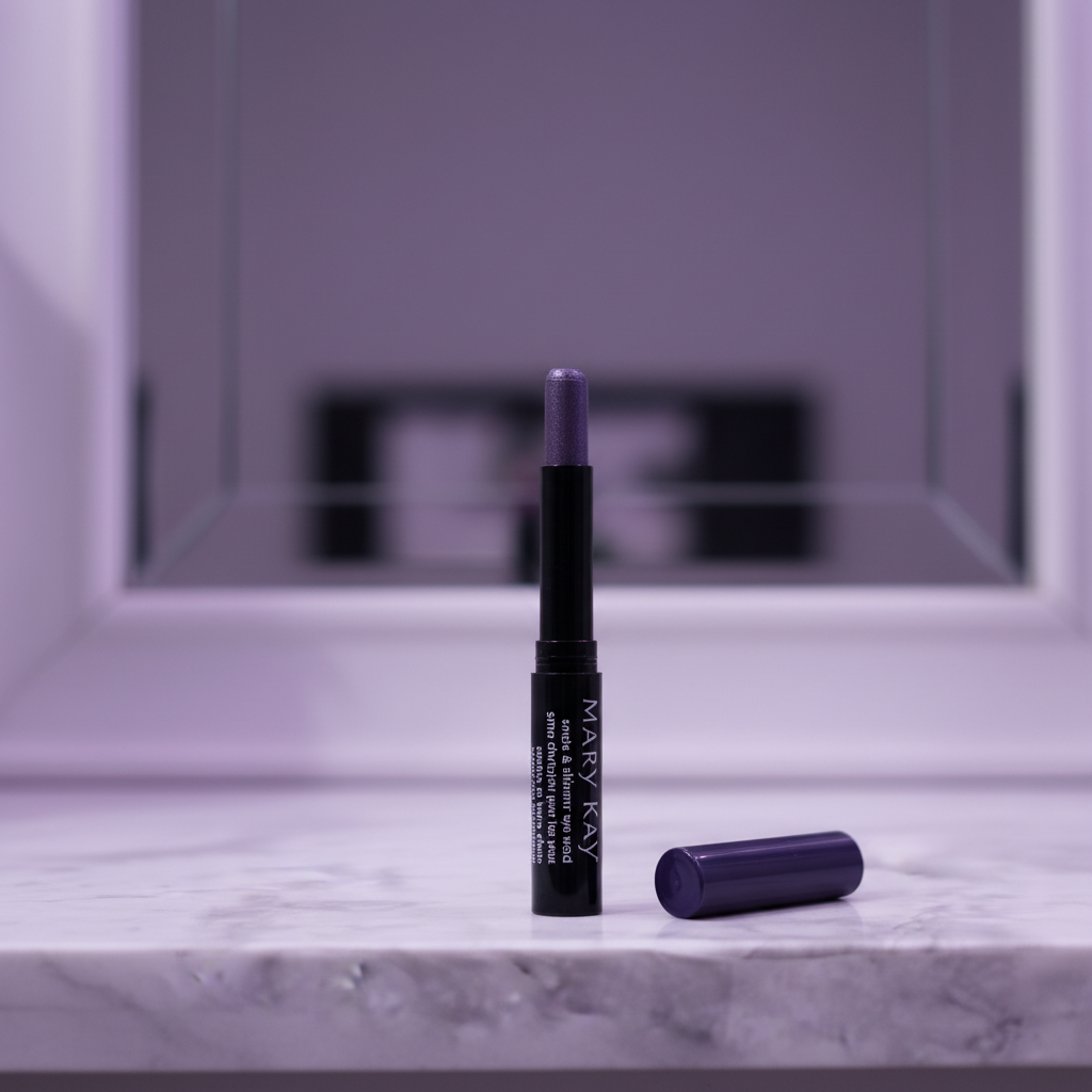 Mary Kay Smoke & Shimmer Eye Wand in Amethyst Smoke — glossy black barrel with dark purple cap beside it, metallic slate-purple cream tip twisted up, standing upright on a white marble vanity with soft moody purple-toned lighting and blurred mirror