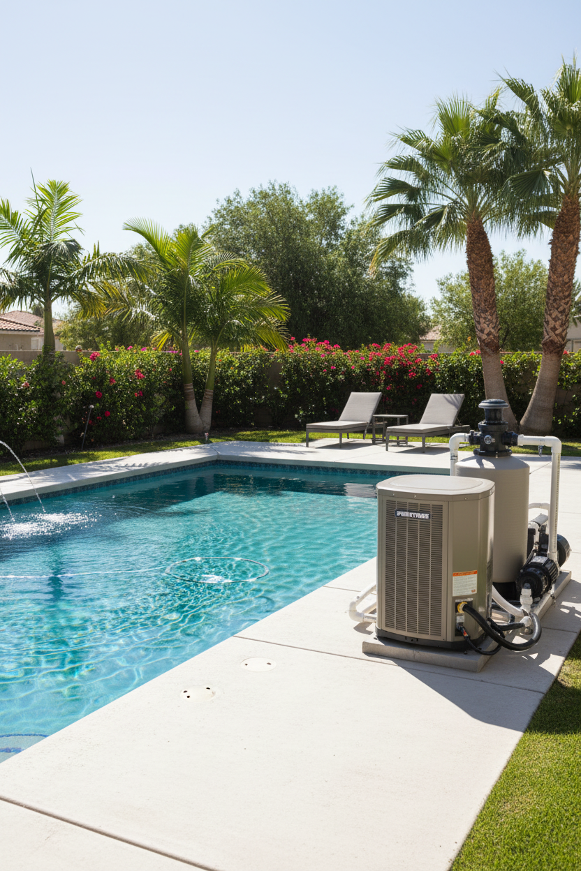 Clean backyard swimming pool with Pentair MasterTemp pool heater unit beside it on sunny day
