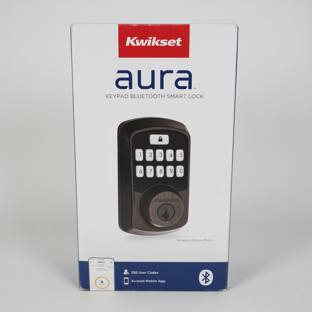 Kwikset Aura Bluetooth keypad smart lock in Venetian Bronze in its original retail box