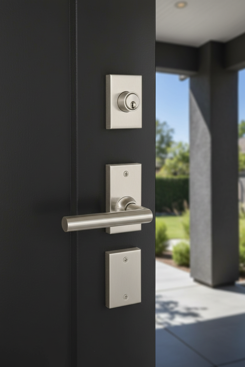 Schlage Broadway Satin Nickel lever installed on matte charcoal black front door