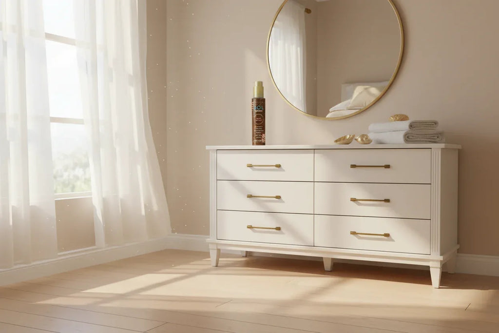 SOL by Jergens body bronzer on white bedroom dresser in sun-drenched morning scene