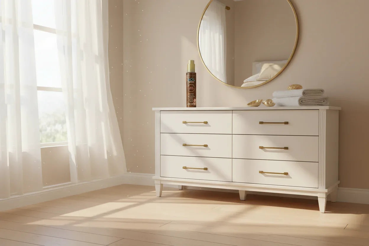 SOL by Jergens body bronzer on white bedroom dresser in sun-drenched morning scene