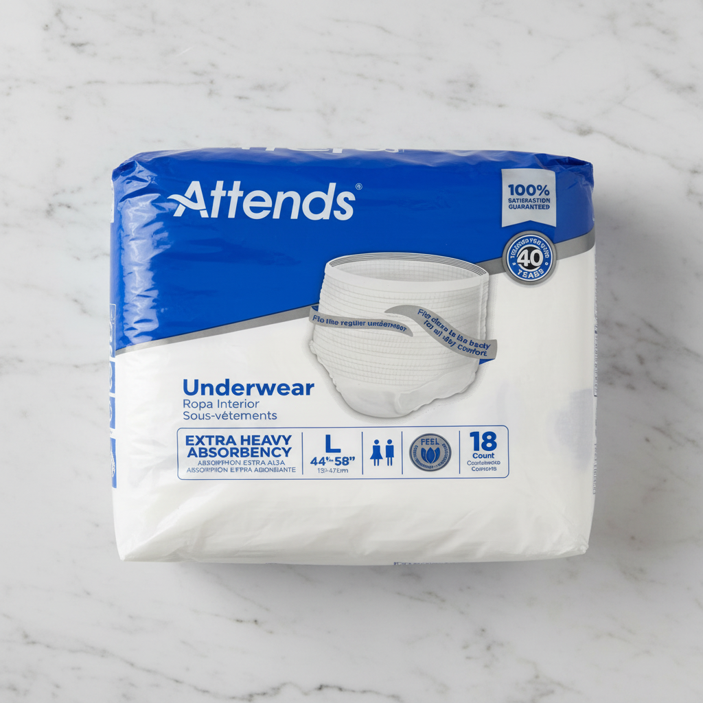 Front-facing studio shot of blue and white Attends Care Extra Heavy Absorbency Underwear Large packaging on marble surface