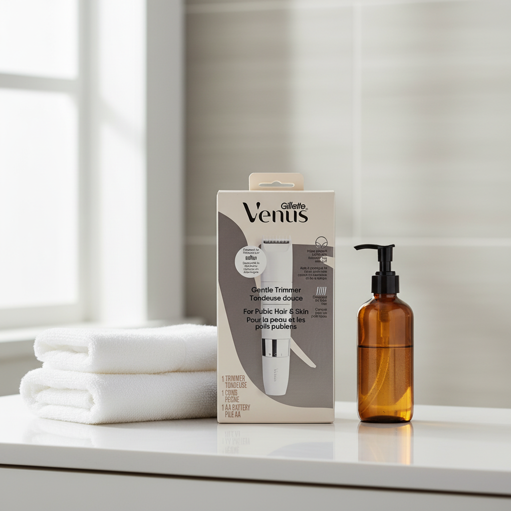 Gillette Venus Gentle Trimmer on white vanity countertop with amber glass skincare dispenser and folded cotton towel