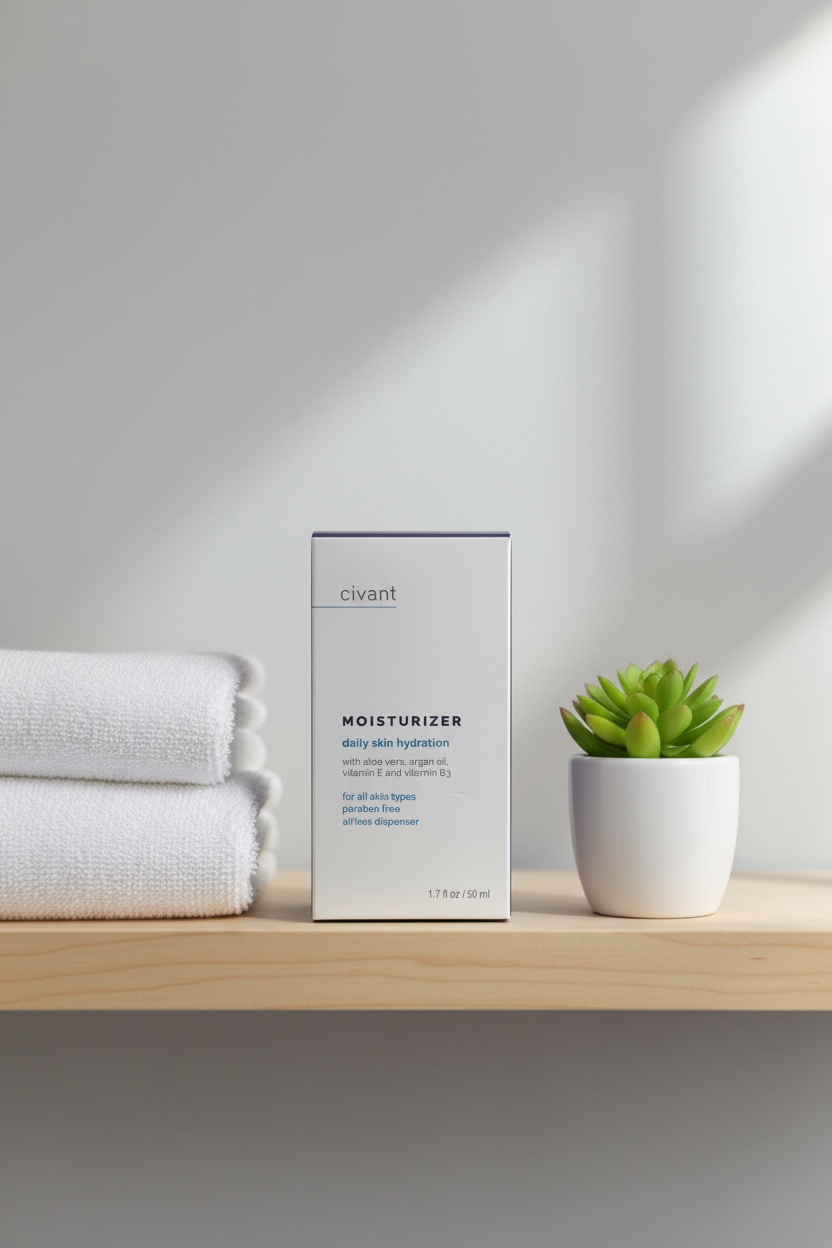 Civant Moisturizer on bathroom shelf with white linens and succulent