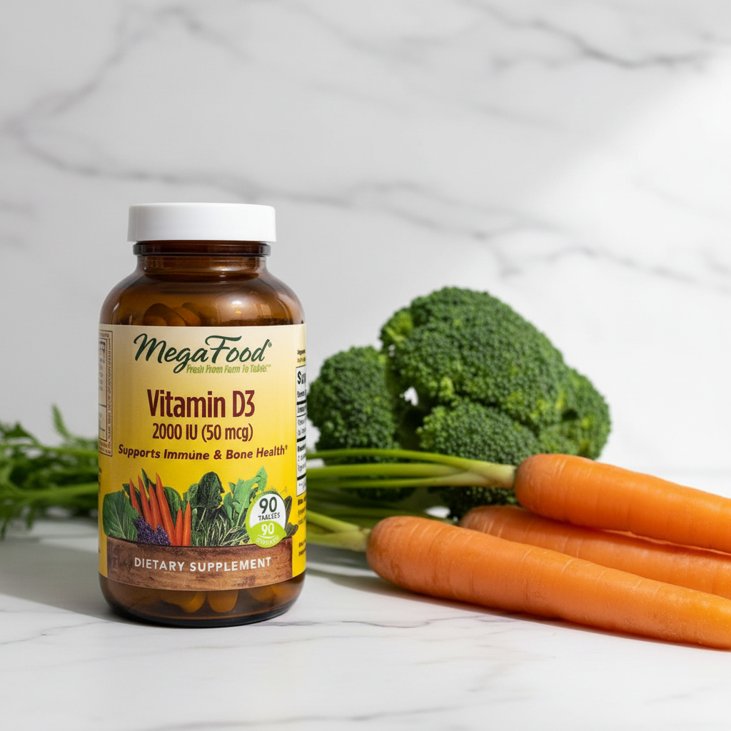 MegaFood Vitamin D3 amber glass bottle beside fresh organic broccoli and carrots on white marble – More4less Outlet