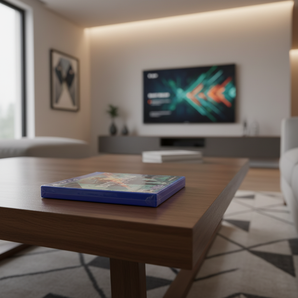 Battlefield 2042 PS4 game case on dark oak coffee table in modern living room