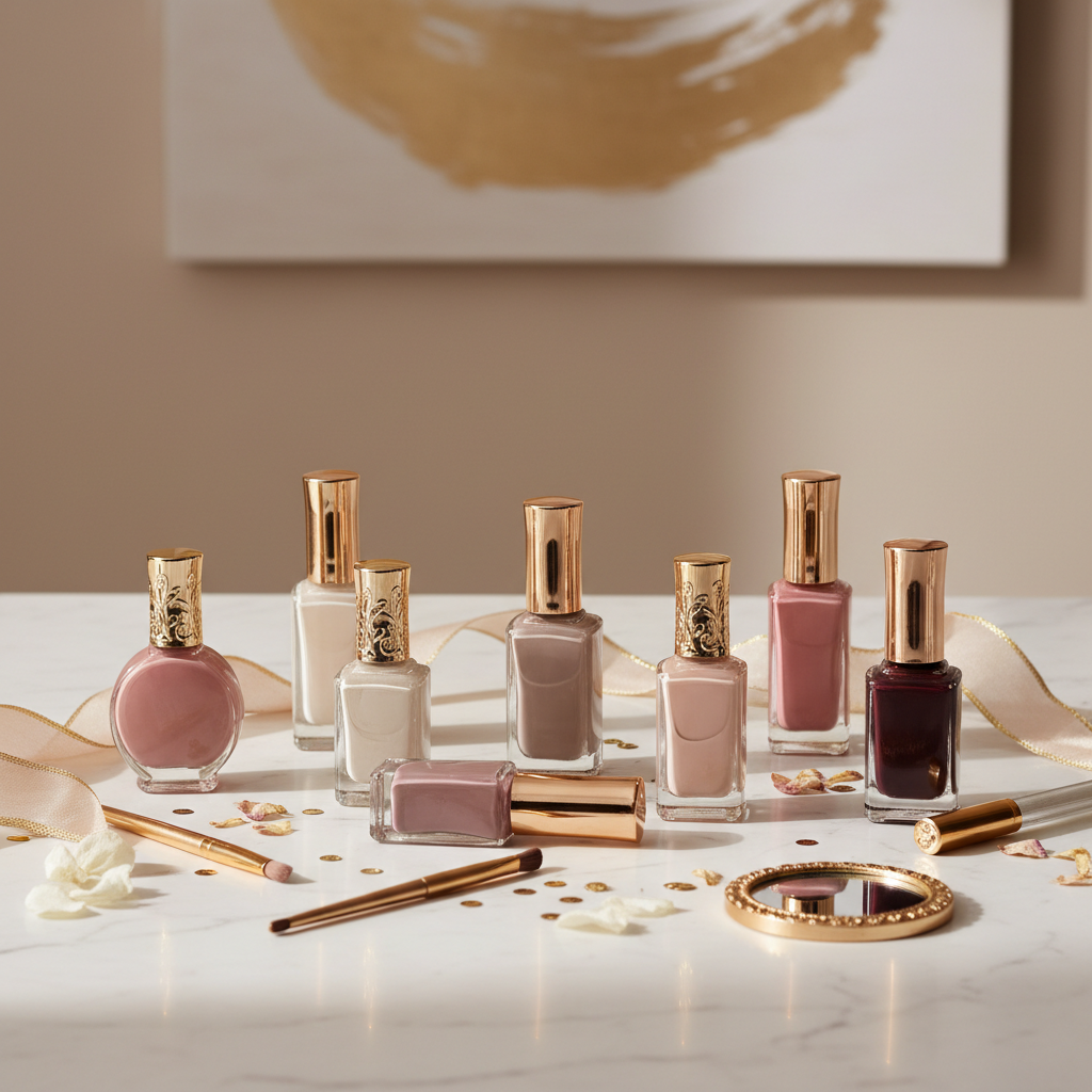 Elegant flat lay of vintage nail polish bottles with gold caps on white marble surface — Mary Kay Salon Direct lifestyle — More4less Outlet