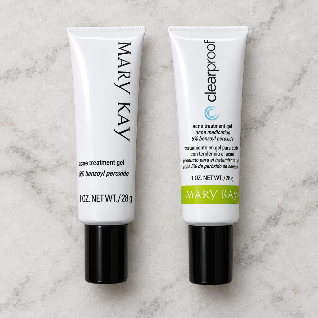 Mary Kay Acne Treatment Gel 5% classic and Clear Proof tubes on pale stone