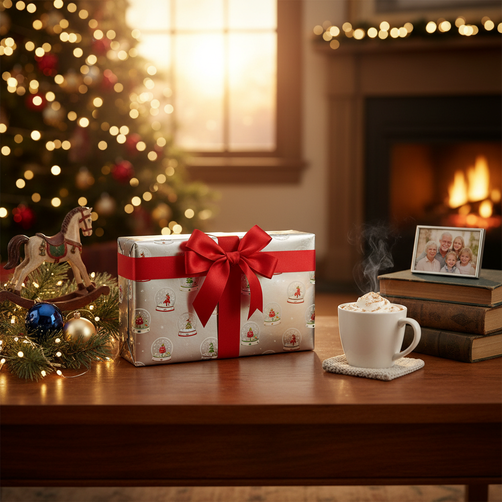 Smart digital photo frame gift wrapped with bow on table next to holiday decorations perfect tech gift for grandparents family warm festive lifestyle