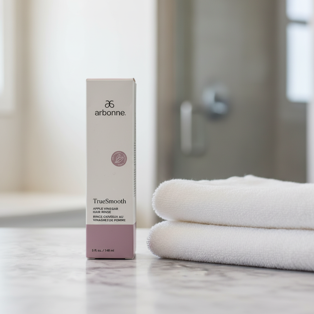 AI-generated contextual image of Arbonne TrueSmooth Apple Vinegar Hair Rinse 5 fl oz boxed product beside folded towels