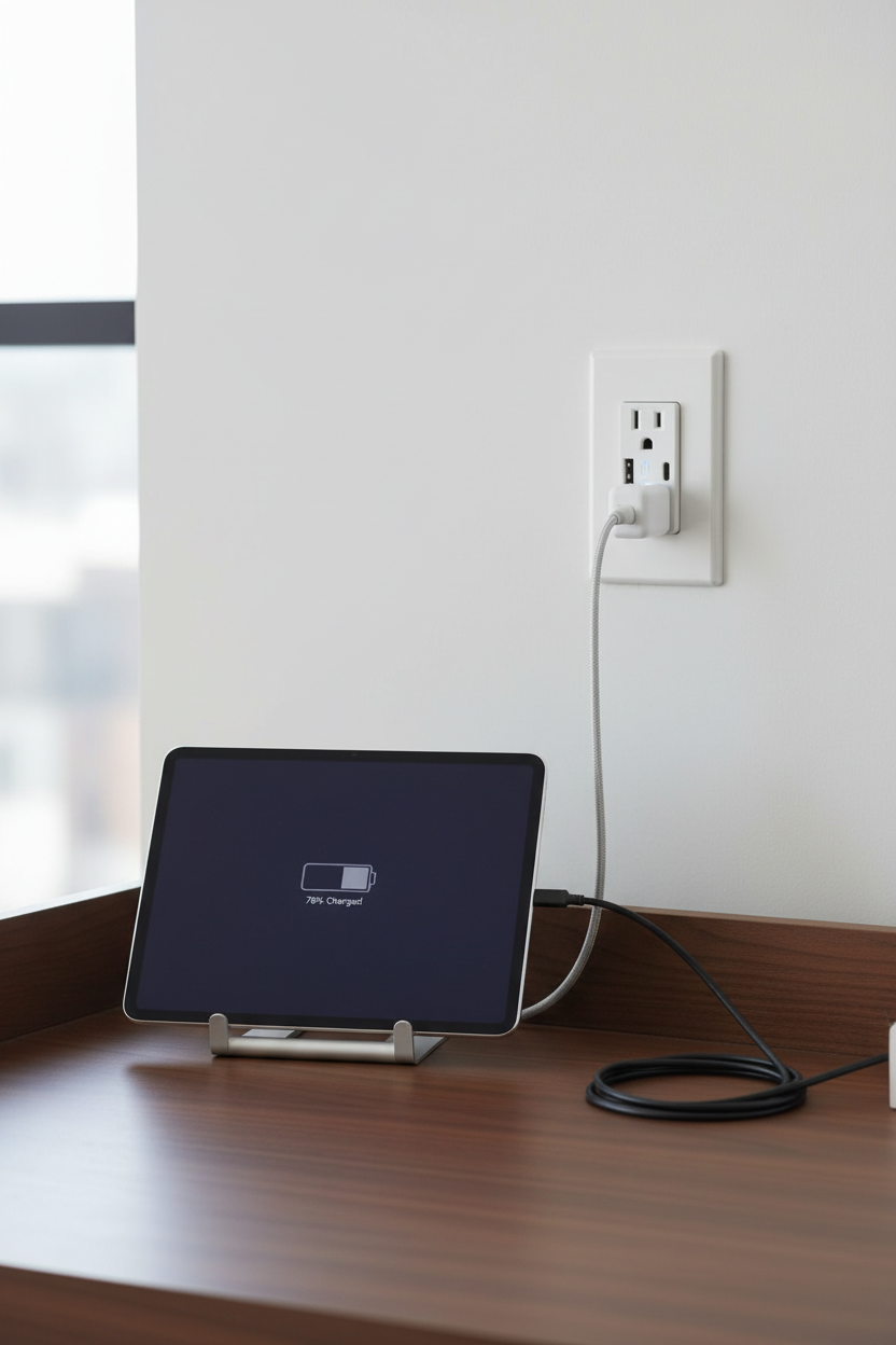 Leviton Decora+ USB outlet on minimalist home office wall near dark walnut desk with tablet charging via USB port