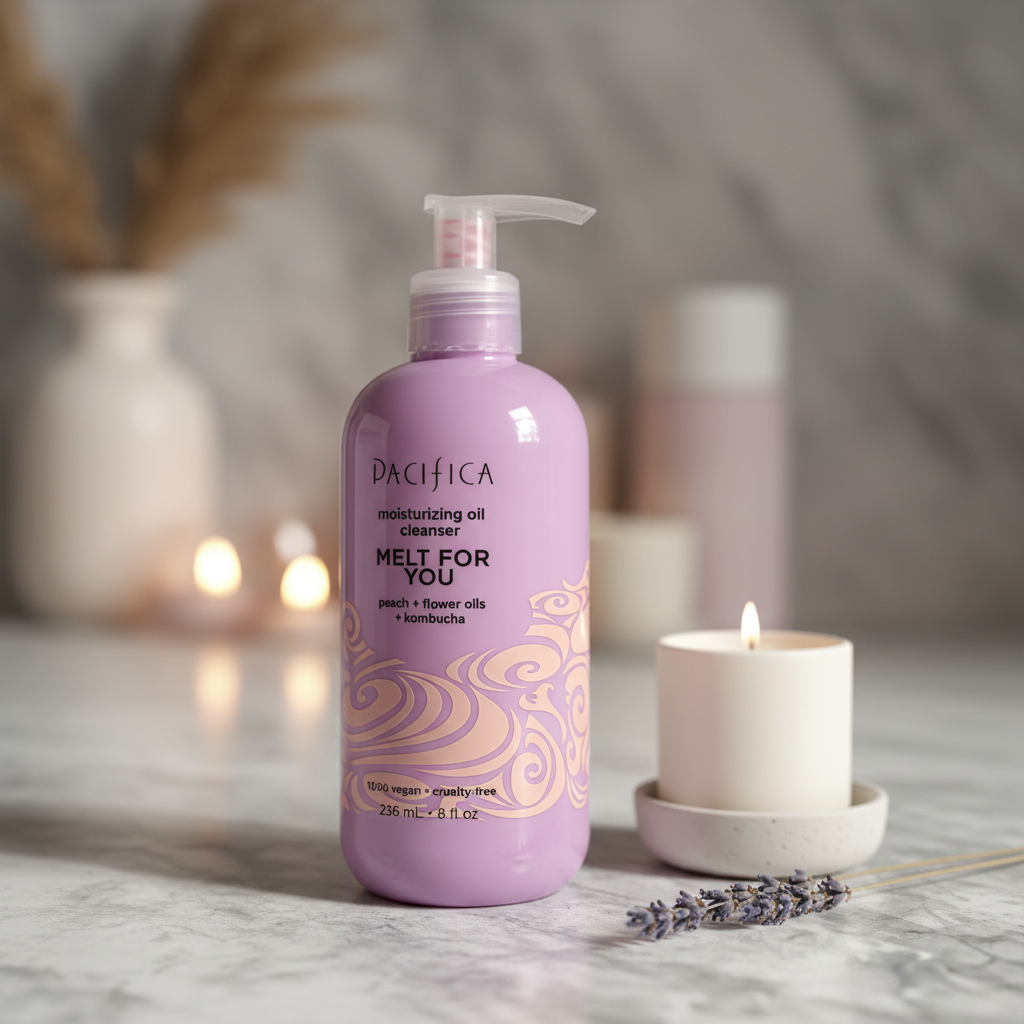 Pacifica Melt For You Oil Cleanser close-up on stone vanity with candle and dried lavender sprig