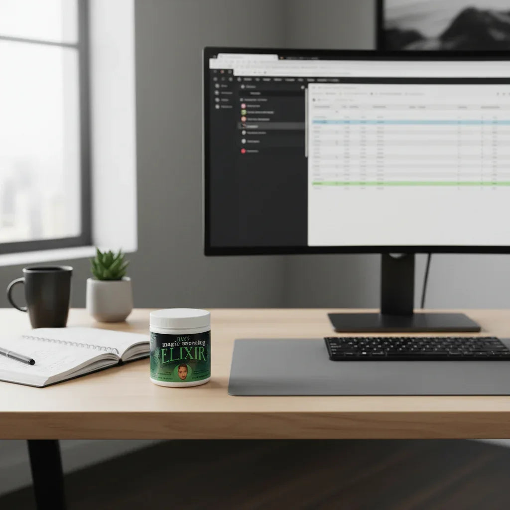 Dan's Morning Elixir on office desk with notebook and computer workstation for productivity and focus routine