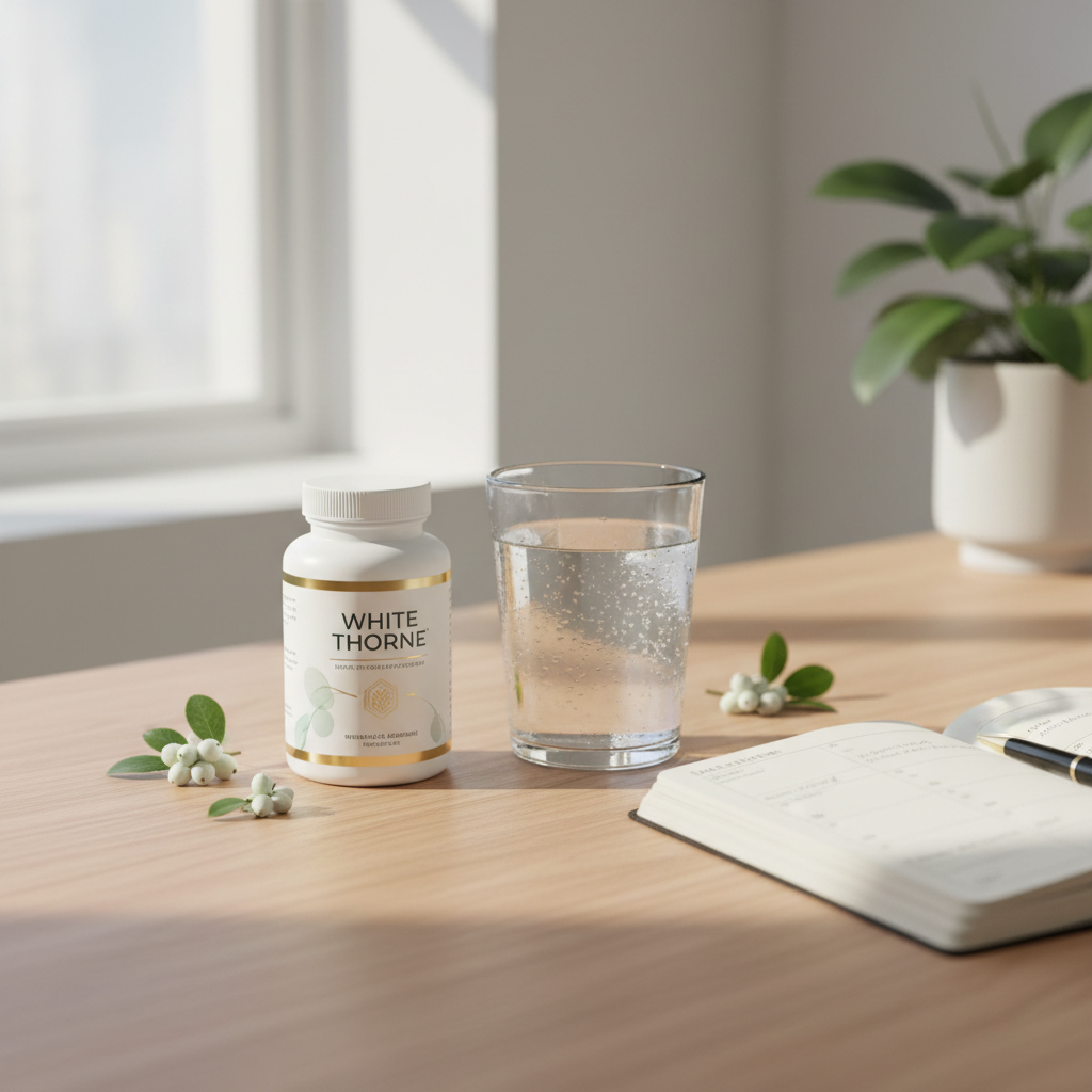 White Thorne supplement bottle on wooden desk next to glass of water and daily planner morning wellness routine lifestyle