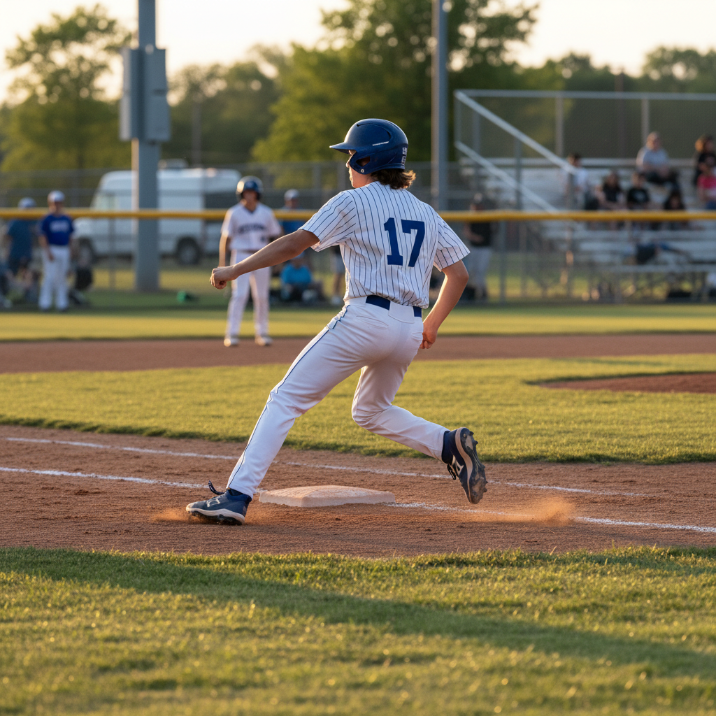 Young teen boy baseball player in uniform sprinting to base during game, athletic youth in motion on baseball field