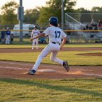 Young teen boy baseball player in uniform sprinting to base during game, athletic youth in motion on baseball field